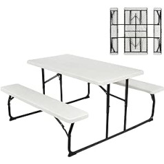 COSTWAY Folding Table and Benches Set with Metal Frame Waterproof Surface Bench 250kg for 4 to 6 People Garden Pool (White)