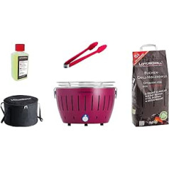 LotusGrill S Small Compact Starter Set Plum Purple the Low Smoke kokogļu grils ar 2,5 kg dižskābarža oglēm 200 ml Degvielas pastas, 1 x Knaibles (Krāsa pēc krājuma), 1 x Maiss. Barošanas avots USB barošana