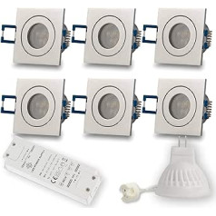 6 x LED Recessed Spotlights, Chrome, Square, 3 W, Warm White, 12 V, MR11, IP44 for Bathroom, Outdoor, Diameter 40 mm, Borehole, Bathroom, Patio, Recessed Spotlight, Ceiling Spotlight