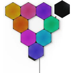 Nanoleaf Shapes Ultra Black Hexagon sākuma komplekts, 9 viedie LED paneļi RGBW — modulārais WLAN 16 miljonu krāsu sienas apgaismojums iekštelpās, mūzikas un ekrāna sinhronizācija, darbojas ar Alexa Google Apple