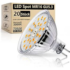 Wondlumi 20 LED spuldzes GU5.3 12V 6.5W LED spuldzes Silti baltas 3000K Nomaiņa 60W halogēna spuldze MR16 12V AC/DC LED Spot 700LM Neregulējams