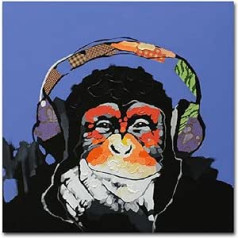 Fokenzary Handgemaltes Ölgemälde auf Leinwand Pop Art Putziger Schimpanse hört Music ar Kopfhörer ar Rahmen Fertig zum Aufhängen 32x32in