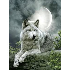 CaptainCrafts DIY Oil Painting by Numbers Adult Kit 16 x 20 Inch for Beginners Children, Creative Digital Linen Canvas - Wolf Under the Moon (with Frame)