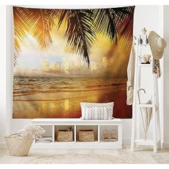 ABAKUHAUS Beach Tapestry, Sunset Caribbean Palm Trees, Living Room Bedroom Home Silky Satin Tapestry, 200x150cm, Dark Orange Baby Blue Yellow