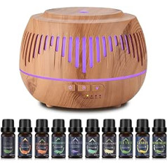 500 ml Aroma Diffuser for Essential Oils, Contains 10 Essential Oils, 36 dB Silent Fragrance Oil Diffuser with 7 Colour Lights, BPA-Free, 4 Timers, Automatic Shut-Off
