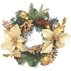 Decorated Christmas Wreath with LED Light Poinsettia Berries Cones Fir Branches Christmas Tree Baubles Wreath Door Wreath Fir Wreath Flower Wreath Christmas Flower Christmas Wreath Christmas Star