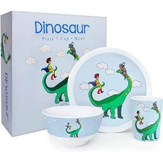 Kiz Designs Dinozaurų stalo reikmenų rinkinys vaikams su lėkšte, puodeliu, dubeniu, spalvingai iliustruotas su superherojų merginomis ir berniukais. Didesnio dydžio, patvarus, tinkamas plauti indaplovėje, melamino plastikas