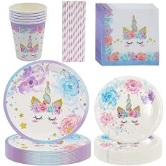 84 Piece Unicorn Party Tableware Set, Children's Birthday Party Cutlery Set for 16 Guests, Unicorn Party Cutlery Supplies Includes Plates, Cups, Napkins for Children's Birthday Party, Baby Shower