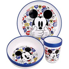 Mickey 5 daļīgs mikro pusdienu galda komplekts — šķīvis, bļoda un krūze, karote, dakša, galda piederumu komplekts bērniem