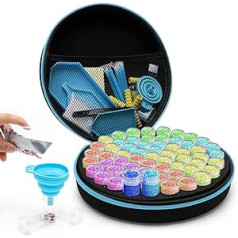 Piashow 5D dimanta krāsošanas piederumu kastes, apaļas, dimanta gleznošanas futrālis ar 60 kārbām, pārnēsājama dimanta gleznu glabāšanas kaste ar piltuvi, uzlīmes, dimanta krāsošanas piederumu organizators, zils