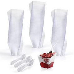 BELLE VOUS Pack of 100 Small Dessert Glasses & Spoons - 60 ml Transparent Reusable Plastic Bowls for Appetizers - For Mousse, Pudding, Fruit, Finger Foods, Ice Cream & More