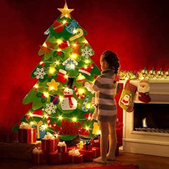 Ibello filca Ziemassvētku eglīte, Ziemassvētku DIY dekors, 3,2 pēdas Ziemassvētku eglīte ar 32 daļām rotājumiem, sienas dekors ar 50 LED pasaku gaismām bērniem mājas durvju sienu dekorēšana