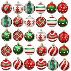 Set of 30 Christmas Baubles Plastic Red White Christmas Tree Baubles with Hanger Christmas Tree Baubles Plastic Shatterproof Christmas Tree Decorations (Red Green)