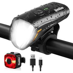 Deilin velosipēda lukturu komplekts, līdz 70 luksu LED velosipēda apgaismojums USB uzlādējama velolampa, IPX5 ūdensnecaurlaidīgi velo gaismas priekšējie aizmugurējie lukturi velosipēda lukturu komplekts velolampa