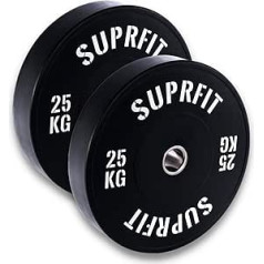 SUPRFIT gumijotas fitnesa bufera plāksnes 50 mm svara plāksnes izgatavotas no cietās gumijas granulāta - Svars: 5 - 25 kg - Amortizējošas svara plāksnes 50 mm svara treniņiem - Krāsa: melna/balta