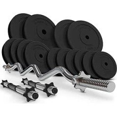 Physionics® hanteles stieņi ar svariem - 36/56/76 kg komplekts, SZ Curl Bar (120 cm, 30 mm, līdz 500 kg), 2 hanteles - hanteles komplekts, svaru šķīvji, stienis, hanteles