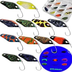 Njord Kalastus 2023 Spoons Trout UV-Active 2.5 g 3 cm 12 Pieces in Spoonbox Trout Spoon Set Trout Bait Spoons Trout Fishing Spoons Set Trout Spoon Fishing Spoons Trout Set Box