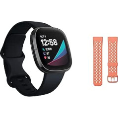 „Fitbit Sense Advanced Health“ išmanusis laikrodis su širdies sveikatos įrankiais, streso valdymu ir odos temperatūros tendencijų ekranu + „Unisex Adult Versa 3/Sense“ laikrodžio dirželiu