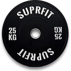 SUPRFIT gumijotas fitnesa bufera plāksnes 50 mm svara plāksnes, kas izgatavotas no cietās gumijas granulām – svars: 25 kg, triecienu absorbējošas svara plāksnes 50 mm svara treniņiem, svara šķīvji – krāsa: melna/balta