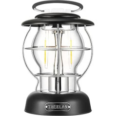 Therlan kempinga lampa, retro kempinga laterna, (320 lm, IP44, 5000 mAh, līdz 180 stundām), 3 spilgtuma gaismas režīmi, nepārtraukti aptumšojama kempinga lampa, uzlādējama kempinga lampa, āra LED kempings