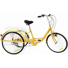 Tricycle for Adults 24 Inch 6 Speed 3 Wheel Bicycle Seniors Adult Tricycle Bicycles Women's Leisure Travel Tricycle with Basket and Light, Excursion Sports Shopping (Yellow)