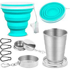 ADNEWX® Pack of 4 Foldable Cups, 75 ml Folding Cups, Stainless Steel and 200 ml Travel Mugs, Silicone with Carabiner, BPA-Free for Picnics, Camping, Outdoors, Hiking Travel