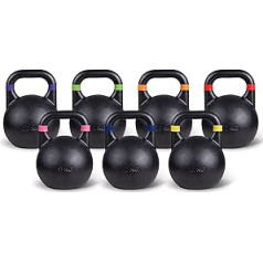 Sport-Thieme Kettlebell sacensības, Profesionālās sacensības Kettlebell izgatavots no pulvera pārklājuma tērauda, 7 krāsās kodētās svara kategorijās: 8-32 kg, Viens izmērs: 21 x 21 x 28 cm