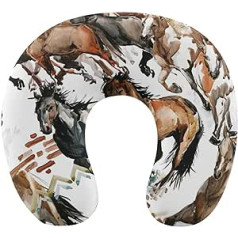 FJQWKLF Neck Support Travel Pillow, Soft Car Flight Neck Pillow, Memory Foam, 3D Printing Decor, U Shaped Pillow for Home, Outdoor, Travel, Compatible with Running Wild Horses Neck Pillow