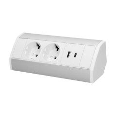 Mēbeļu ligzda 2x2P+Z (Schuko), 2xUSB (tips A+C; 2.4A), balta un sudraba