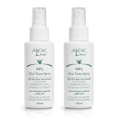 Aloe Line Aloe Vera Spray 99% Organic – Drėkinamoji veido, kūno, odos ir plaukų priežiūra – su alantoinu ir pantenoliu – be kvapiųjų medžiagų ir dažų – veganiška / pakuotė po 2 (2 x 100 ml)