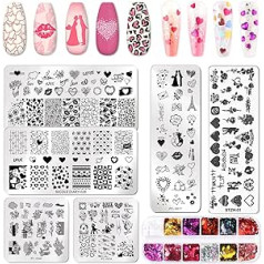 ‎Whaline Whaline Nail Art Plates for Valentine's Day with 1 Box Heart Nail Glitter Heart Pattern Roses Love Stamp Plates Square Rectangular Picture Stamp Templates Stamping Kit for DIY Nail Art Decoration