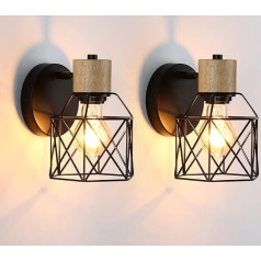 Lightess Set of 2 Wall Light Indoor Vintage Wall Lamp Industrial Black E27 Wall Spotlight Wood Iron Cage Wall Lamps Adjustable for Living Room Bedroom Hallway