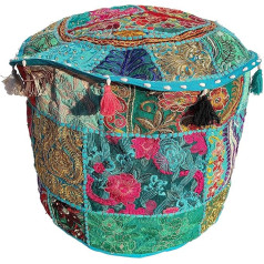 BhagyodayFashions Indian Round Patchwork Cover Embroidered Ottoman Cover Stool Pouf Cushion Patterned Vintage Hassock Pouff Cotton Handmade Pouf Cover 18x13 Inch (Turquoise)