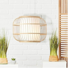 Mūsdienīga piekaramā lampa Lightbox dabas stilā - Piekaramā lampa var saīsināt augstumu - Piemērota 1 x E27 - Metāls/bambuss, dabiska/balta - 40 cm diametrs