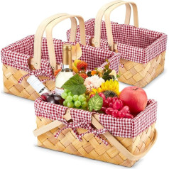 Sintuff Picknickkörbe mit Griff, handgewebter Erntekorb mit rotem und weißem Gingham-Decken-Innenfutter, Ostern, Holz, leere Körbe für Geschenke, Blumen, Eier, Süßigkeiten, Aufbewahrung, Organisation