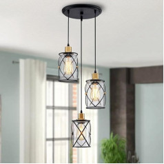 WUZUPS Lustra Semi Flush Industrial 3 spuldzes piekaramais apgaismojums Griestu gaisma Clear Sawn Glass Shade for Entrance Porch Foyer Kitchen Dining Room Bathroom W29 E27 Base Black with Brass