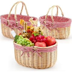 Sintuff Oster-Picknickkorb mit doppelten Klappgriffen, rotes kariertes Innenfutter, 3 Größen, handgewebt, natürliche Weide, Picknickkorb für Ostereier, Süßigkeiten, Blumen, Spielzeug, Aufbewahrung,