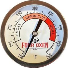 Four Oxen BBQ Grill-Thermometer, 7,6 cm Aluminium-Zonen-Zifferblatt, 10,2 cm langer Stiel, Temperaturanzeige 100/500 Grad F für Grillgruben, Raucher und Herde