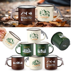 Maxcheck 6 Stück Camping Geschenke Camping Tassen 425 ml Happy Campers Lagerfeuer Teetassen 3 Stile Reise Urlaub Emaille Kaffeetasse zum Trinken Outdoor Paare Keramik Tasse Hochzeit Camping Liebhaber