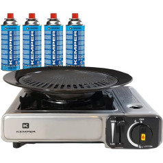 Kemper 2-in-1 Piezo Gas Cooker 1900 W + Grill Plate + 4 Butane Gas Cartridges Camping