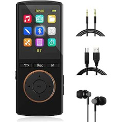 MUSRUN MP3 atskaņotājs ar spēcīgu Bluetooth, 32 GB sporta MP3 atskaņotājs ar AUX ieeju, ierakstīšana, FM radio, HiFi mūzika, jauktais režīms, laika miega režīms, matēti melnas austiņas, USB kabelis, AUX kabelis