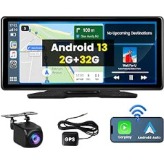 Hikity 2G 32G Android 13 bezvadu Carplay portatīvais automašīnas radio 10,36 collu skārienekrāna pārnēsājams automašīnas atskaņotājs ar navigāciju WiFi Android automašīnas FM raidītājs Bluetooth spoguļa saite + pilnkrāsu atpakaļgaita