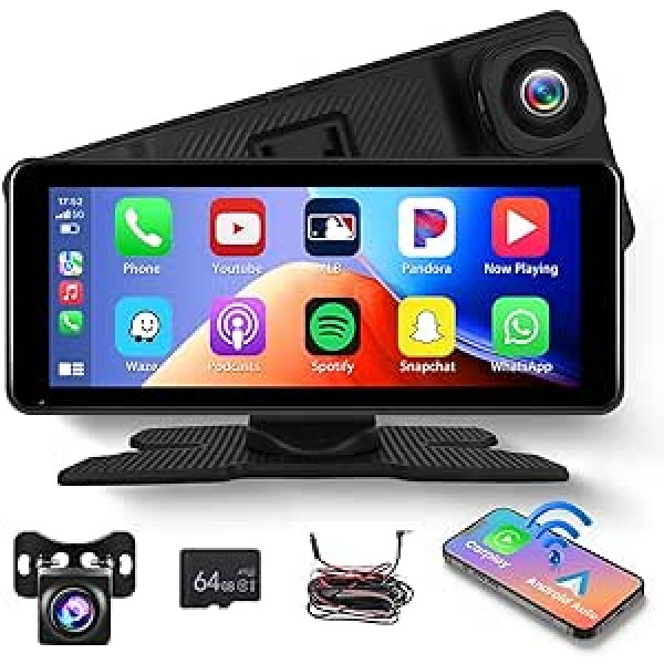 Hikity Wireless Carplay Android automašīnu pārnēsājamā automašīnas radio 6,86 collu skārienekrāns Car Play displeja automašīnas radio ar 4K priekšējo skatu Bluetooth FM Airplay spoguļa saite pilnkrāsu atpakaļskata kamera + 64GTF karte