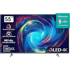 Hisense 55E7KQ Pro 139 cm (55 collu) televizors, 4K UHD, QLED, viedais televizors, HDR, Dolby Vision IQ, 144 Hz (VRR), HDMI 2.1, spēles režīms PRO, trīskāršais uztvērējs, iebūvēts Alexa, Atmos, [2023] , Sudrabs