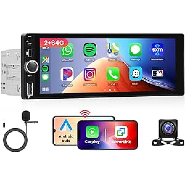 Podofo Android 13 2G + 64G automašīnas radio, 6,86 collu skārienekrāns ar bezvadu Carplay Android automašīnas spoguļa saiti, automašīnas radio Bluetooth 1 DIN radio atbalsts GPS/WiFi/FM/RDS/SWC/EQ + atpakaļgaitas kamera