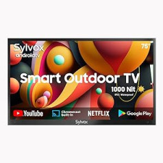 SYLVOX 1000 nitu 75 collu āra televizors, IP55 ūdensnecaurlaidīgs, viedais Android TV 4K UHD, HDR 10, Dolby Audio TV, balss meklēšana, DTV un ATV, DVB-T/C/T2/S/S2 Chromecast HBBTV, Deck Pro Series