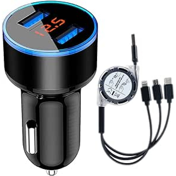 Wis-Life USB Car Charger, LCD Display, Dual USB 3.0+2.4A Fast Charging Car Charger with 3 in 1 Multi Charging Cable for Samsung/Phone/Huawei (Silver)