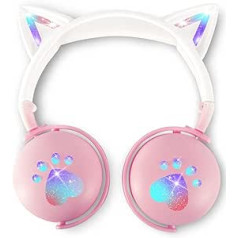 VuyKoo Headphones for Children, Cat Ears Bluetooth Headphones with HD Microphone, Over Ear Headphones for Birthday/Halloween/Christmas/Easter/Various Festive Gift for Girls/Boys (Pink)