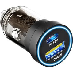 121W USB cigarečių žiebtuvėlis [PD 55W+QC 66W] 12V automobilinis įkroviklis USBC, 6A greito įkrovimo dviejų jungčių USB automobilinis adapteris, automobilinis įkroviklis su LED lempute, skirtas iPhone 15/14/13/12, Samsung S23, iPad, nešiojamasis planšetin