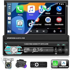 Podofo Car Radio 1 DIN ar Apple Carplay un Android Car, 7 collu ekrāna automašīnas stereo radio ar Bluetooth brīvroku zvanu/FM radio/SWC/spoguļa savienojumu/USB + atpakaļgaitas kameru